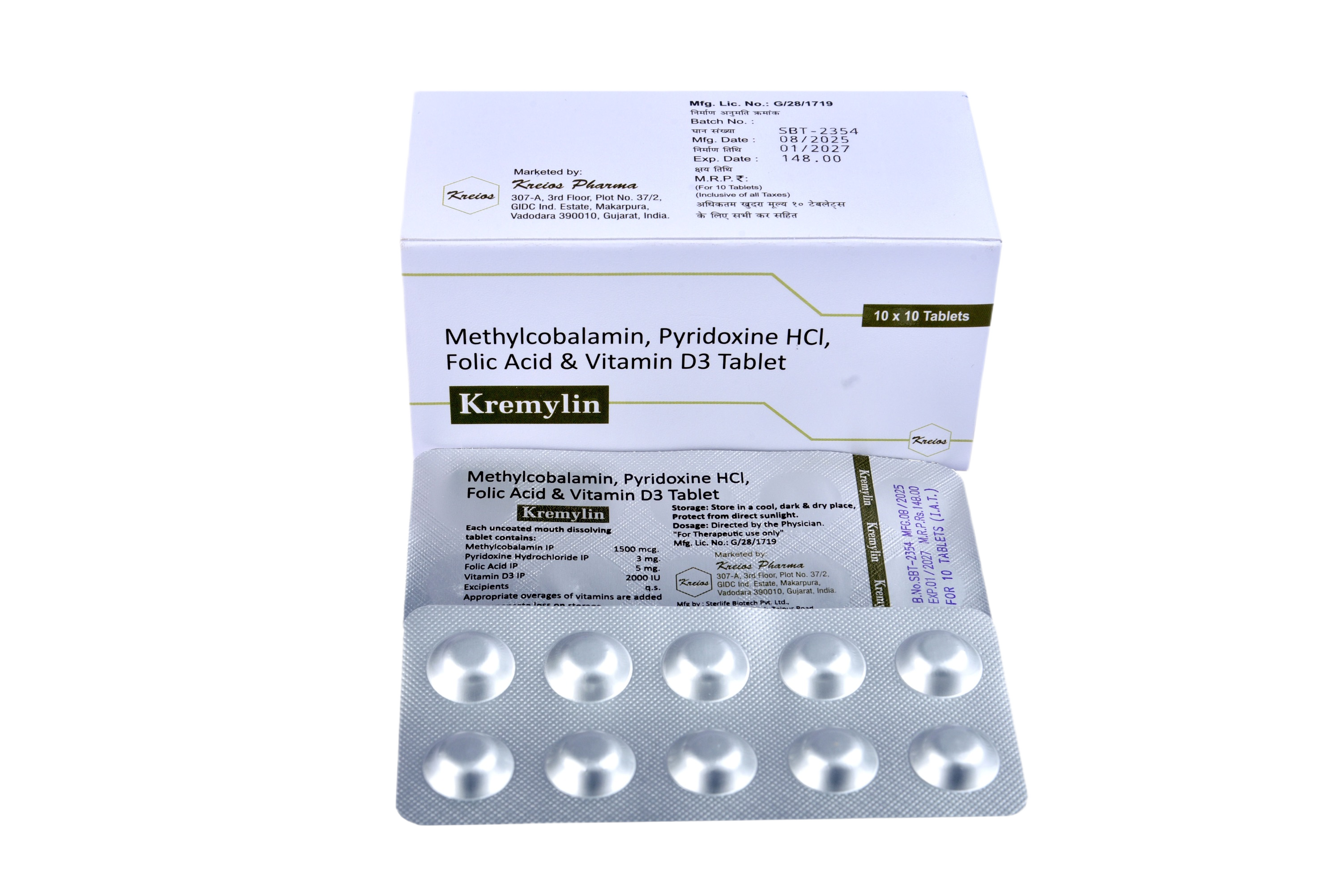 Kremylin B-Complex + Vitamin D3 Supplement with Methylcobalamin, Pyridoxine, Folic Acid